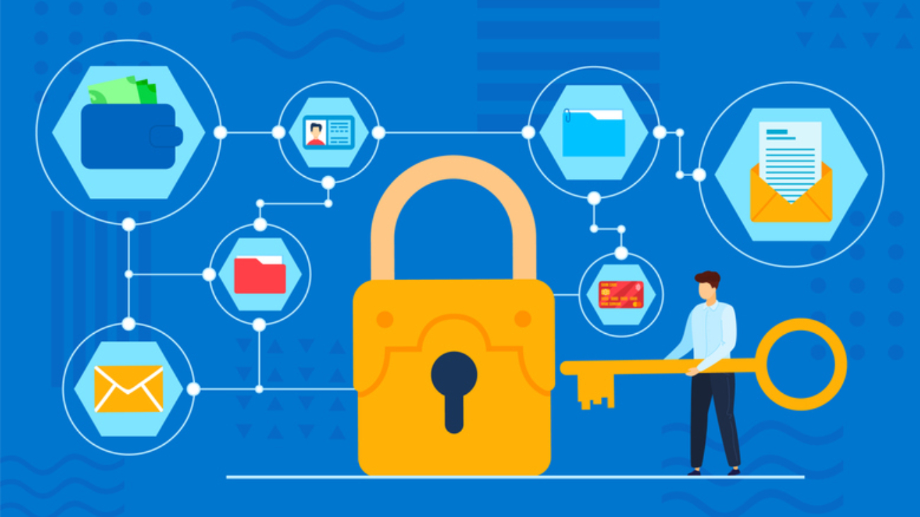 Data protection vector illustration. Cartoon flat database protecting concept with tiny character holding key from lock for bank account password, email, electronic wallet, document files background