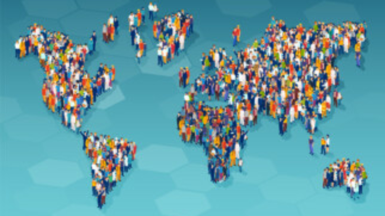 Vector of a large group of diverse people from different country standing on a world map