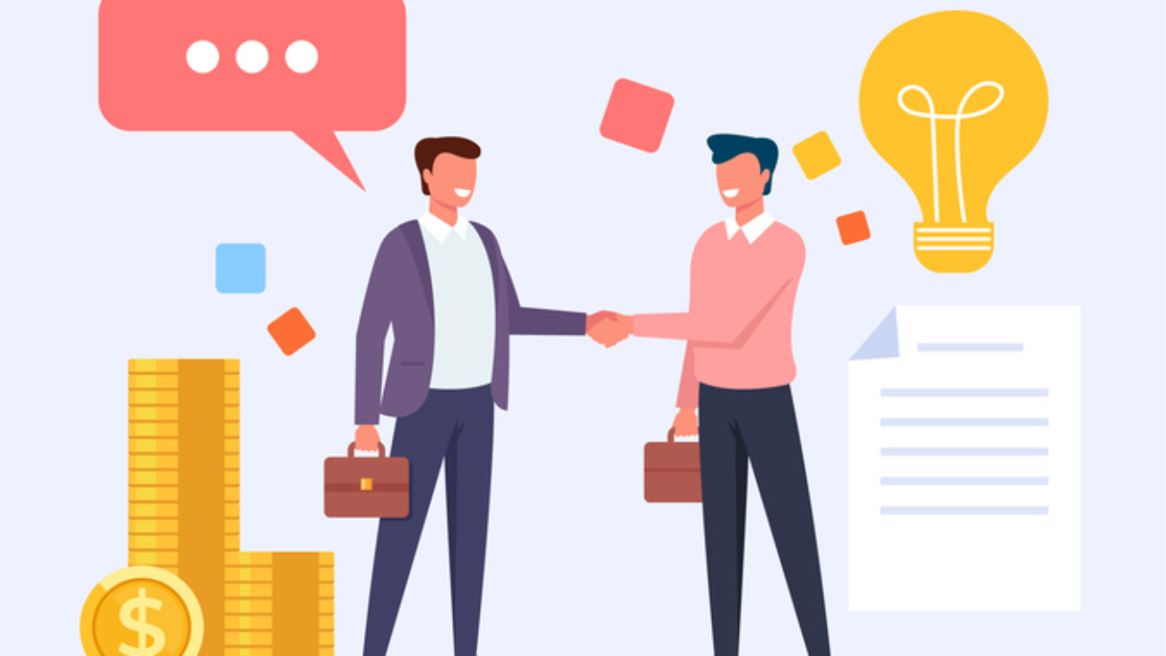 Two business man office workers people characters shaking hands. Vector flat cartoon graphic design