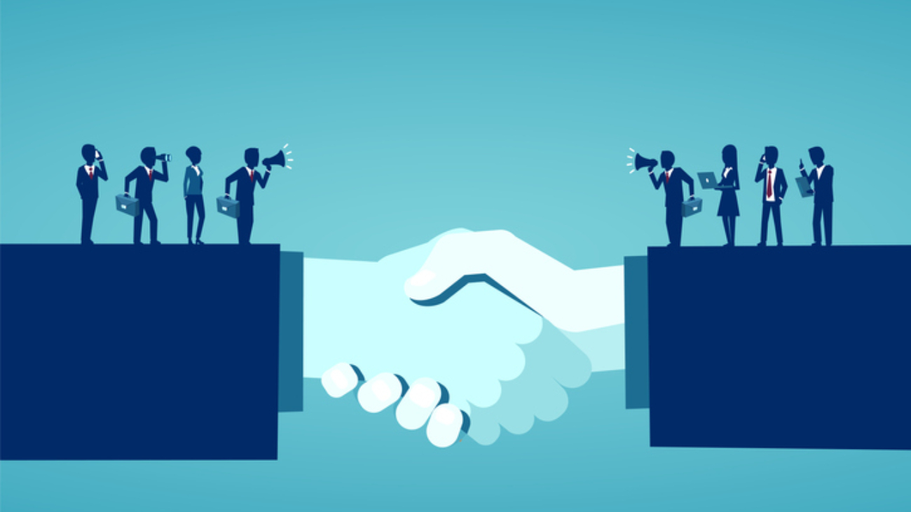 Businesss collaborations concept. Vector of businesspeople reaching an agreement after successful negotiations