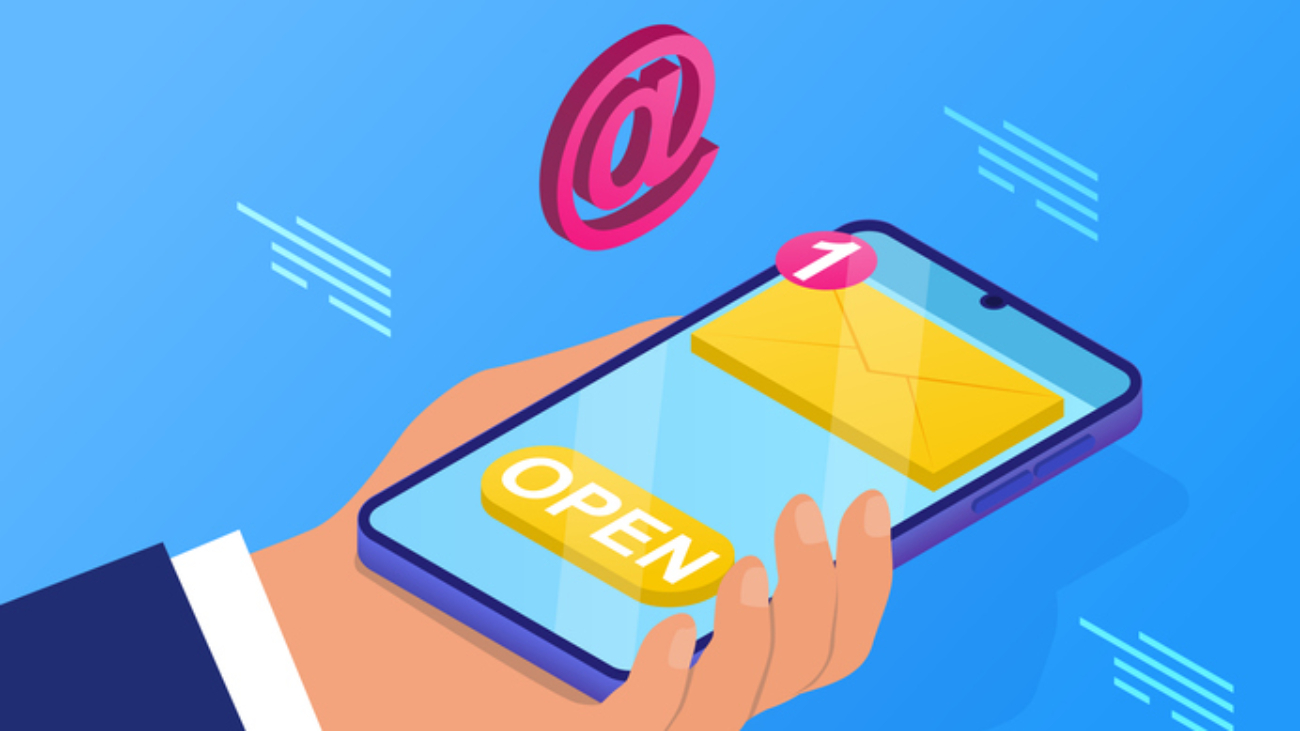 Email message concept. The man holds the phone in his hands and opens the notification that came to the mail. Communication with clients and online marketing. Cartoon isometric vector illustration